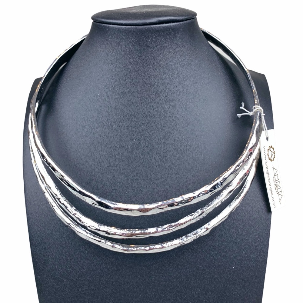 Silver Hammered 3 Row Tiered Collar Necklace - Picture 9 of 11